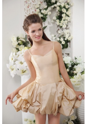 Spaghetti Straps Champagne Short Taffeta Bridesmaid Dress