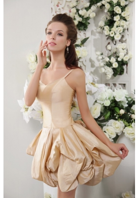 Spaghetti Straps Champagne Short Taffeta Bridesmaid Dress