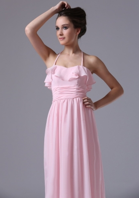 Halter Baby Pink Chiffon Column Bridesmaid Dress Ruched