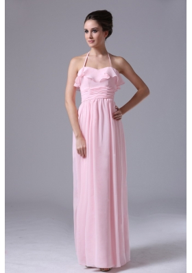 Halter Baby Pink Chiffon Column Bridesmaid Dress Ruched