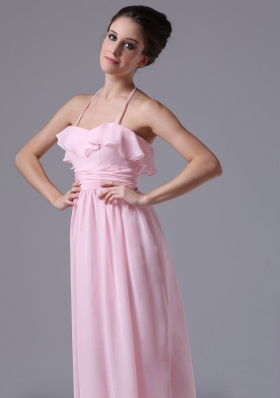 Halter Baby Pink Chiffon Column Bridesmaid Dress Ruched