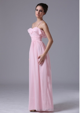 Halter Baby Pink Chiffon Column Bridesmaid Dress Ruched