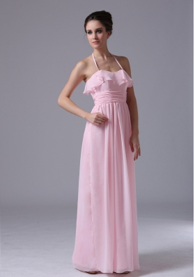 Halter Baby Pink Chiffon Column Bridesmaid Dress Ruched