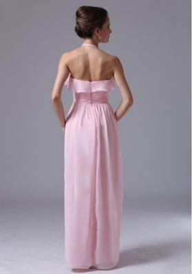 Halter Baby Pink Chiffon Column Bridesmaid Dress Ruched