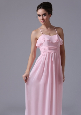 Halter Baby Pink Chiffon Column Bridesmaid Dress Ruched