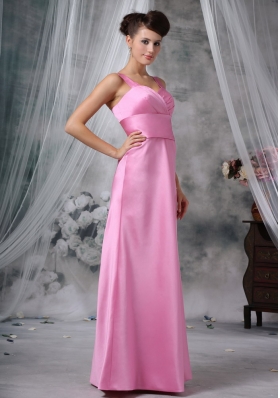 Straps Floor-length Satin Pink Ruched Bridesmaid Dress