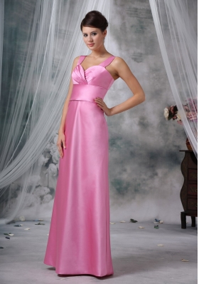 Straps Floor-length Satin Pink Ruched Bridesmaid Dress