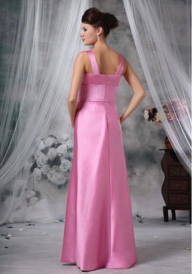 Straps Floor-length Satin Pink Ruched Bridesmaid Dress