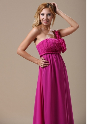 One Shoulder Fuchsia Hand Made Flowers Bridesmaid Dress