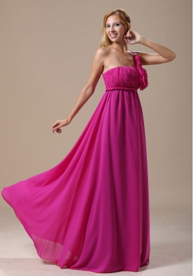 One Shoulder Fuchsia Hand Made Flowers Bridesmaid Dress