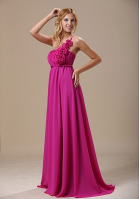 One Shoulder Fuchsia Hand Made Flowers Bridesmaid Dress