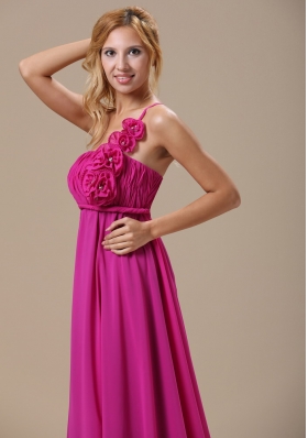 One Shoulder Fuchsia Hand Made Flowers Bridesmaid Dress