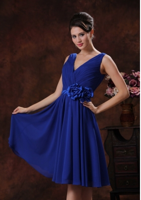 Royal Blue V-neck Bridesmaid Dress Handmade Flowers