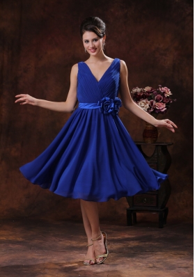 Royal Blue V-neck Bridesmaid Dress Handmade Flowers