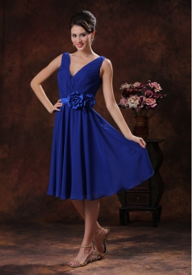 Royal Blue V-neck Bridesmaid Dress Handmade Flowers