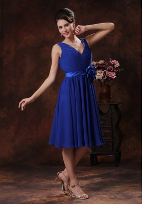 Royal Blue V-neck Bridesmaid Dress Handmade Flowers