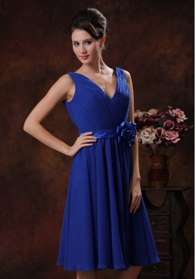 Royal Blue V-neck Bridesmaid Dress Handmade Flowers