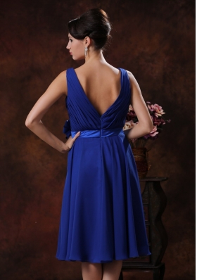 Royal Blue V-neck Bridesmaid Dress Handmade Flowers