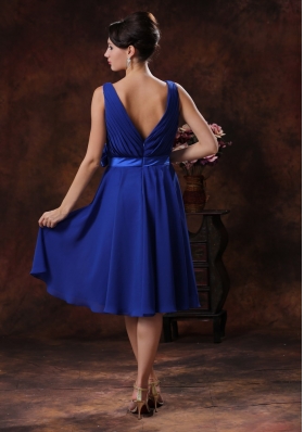 Royal Blue V-neck Bridesmaid Dress Handmade Flowers