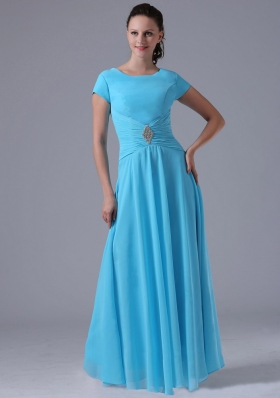 Short Sleeves Aqua Blue Scoop Bridesmaid Dress Chiffon