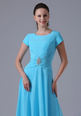 Short Sleeves Aqua Blue Scoop Bridesmaid Dress Chiffon