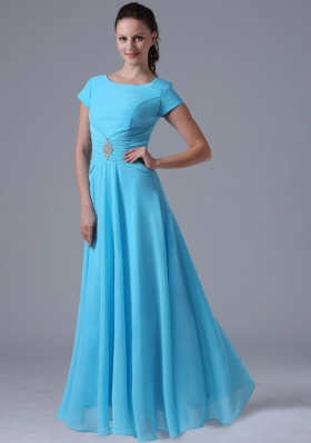 Short Sleeves Aqua Blue Scoop Bridesmaid Dress Chiffon