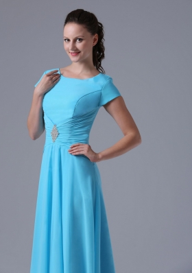 Short Sleeves Aqua Blue Scoop Bridesmaid Dress Chiffon