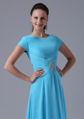 Short Sleeves Aqua Blue Scoop Bridesmaid Dress Chiffon