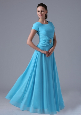 Short Sleeves Aqua Blue Scoop Bridesmaid Dress Chiffon