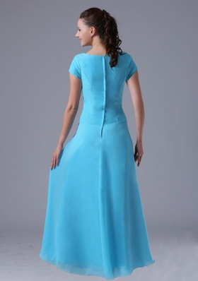 Short Sleeves Aqua Blue Scoop Bridesmaid Dress Chiffon