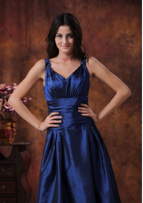 Tea-length Royal Blue Bridesmaid Dress With V-neck