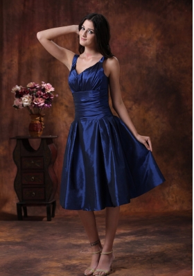 Tea-length Royal Blue Bridesmaid Dress With V-neck