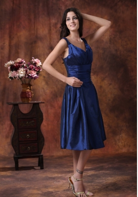 Tea-length Royal Blue Bridesmaid Dress With V-neck