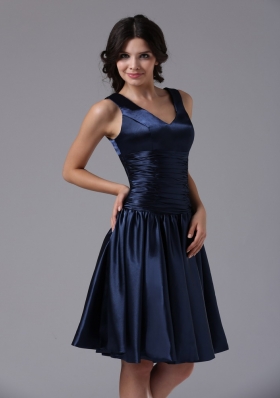 V-neck Empire Ruched Navy Blue Bridesmaid Dress