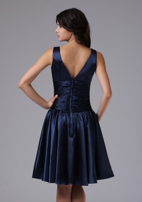 V-neck Empire Ruched Navy Blue Bridesmaid Dress