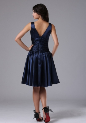 V-neck Empire Ruched Navy Blue Bridesmaid Dress