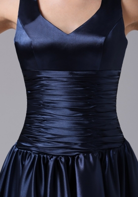 V-neck Empire Ruched Navy Blue Bridesmaid Dress