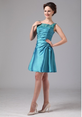 Teal Appliques Ruched Mini-length Mother Dress With Jacket