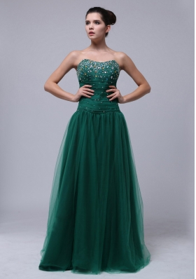 Hunter Green Beaded Tulle Prom Dress Floor-length