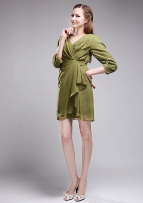 3/4 Sleeves Olive Green V-neck Mini-length Bridesmaid Dress