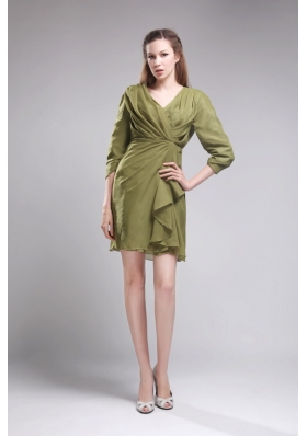 3/4 Sleeves Olive Green V-neck Mini-length Bridesmaid Dress