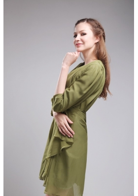 3/4 Sleeves Olive Green V-neck Mini-length Bridesmaid Dress