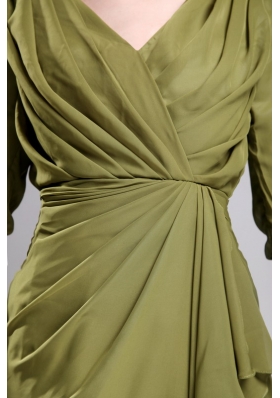 3/4 Sleeves Olive Green V-neck Mini-length Bridesmaid Dress