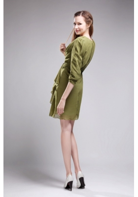 3/4 Sleeves Olive Green V-neck Mini-length Bridesmaid Dress