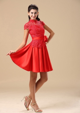 Cap Sleeves Lace High-neck Red Mother Of The Bride Dress