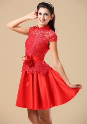 Cap Sleeves Lace High-neck Red Mother Of The Bride Dress