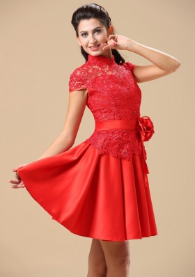 Cap Sleeves Lace High-neck Red Mother Of The Bride Dress