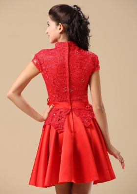 Cap Sleeves Lace High-neck Red Mother Of The Bride Dress