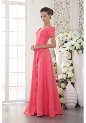 Short Sleeves Coral Red Scoop Satin Bridesmiad Dress