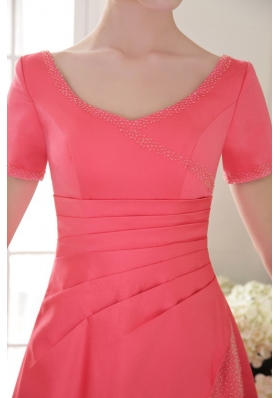 Short Sleeves Coral Red Scoop Satin Bridesmiad Dress